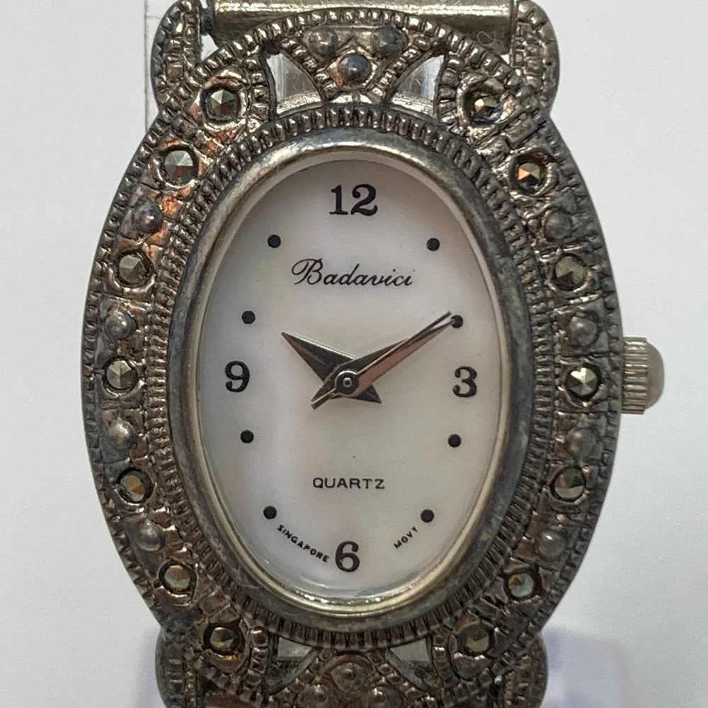 Vintage Badavici Women's Watch Marcasite 24mm Silver Tone MOP Cab New Battery 7
